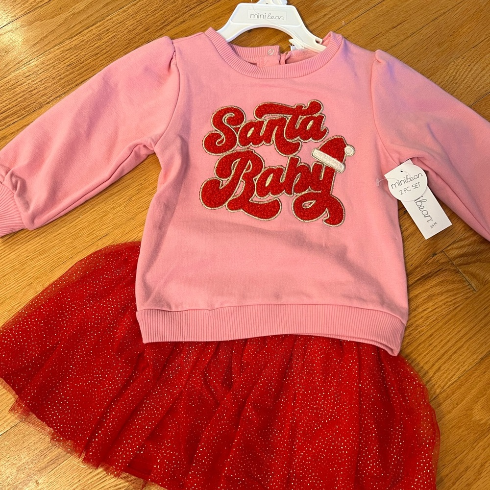 Pink and Red Santa Baby skirt and sweatshirt with appliqués  by Minibean